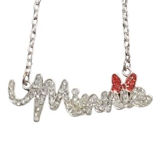 SANRIO MINNIE  necklace name plate silver tone rhinestones red bow adult kids